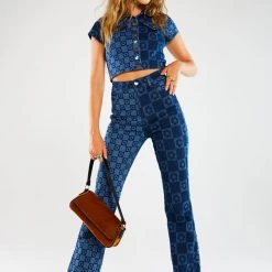 Jaded London Flower Print Short Sleeve Denim Crop Top