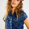 Jaded London Flower Print Short Sleeve Denim Crop Top