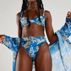 Jaded London Denim Patchwork Print High Waist Bikini Bottoms