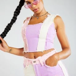 Jaded London Pastel Patchwork Denim Corset Top Tops