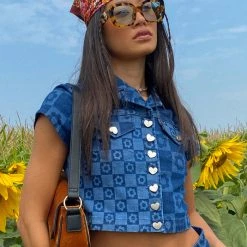 Jaded London Flower Print Short Sleeve Denim Crop Top
