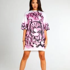 Jaded London Pink Not Ur Angel Graffiti Print Oversized T-shirt Dress Dresses
