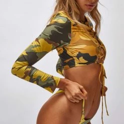 Jaded London Beach & Swimwear Yellow Camo Print Lace Up Front Bikini Top