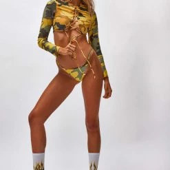 Jaded London Yellow Camo Print V Front Bikini Bottoms Beach & Swimwear