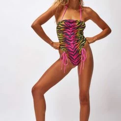 Jaded London Neon Tiger Pink Ruched Swimsuit