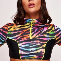 Jaded London Rainbow Zebra Print High Neck Short Sleeved Bikini Top