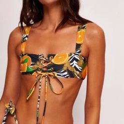 Jaded London Orange Scarf Print Lace Up Crop Bikini Top Beach & Swimwear
