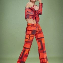 Jaded London Abstract Square Print Boyfriend Fit Jeans With Exposed Fly Fastening