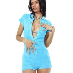 Jaded London Towelling Playsuit In Aqua Blue Beach & Swimwear