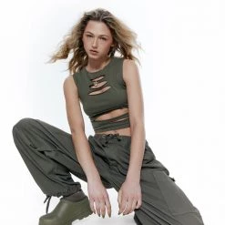 Jaded London Tops Slash Top In Khaki