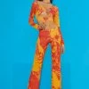 Jaded London Orange Tonal Ripped Magazine Print Mesh Trousers