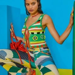 Jaded London Green Retro Crochet Tie Front Cami Top