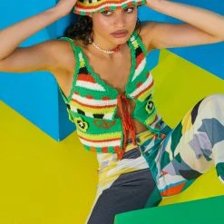 Jaded London Green Retro Crochet Tie Front Cami Top