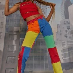 Jaded London Primary Colour Block Patchwork Denim Boyfriend Fit Jeans