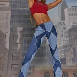 Jaded London Low Rise Diamond Patchwork Jeans With Side Zip