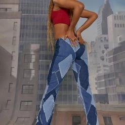 Jaded London Low Rise Diamond Patchwork Jeans With Side Zip