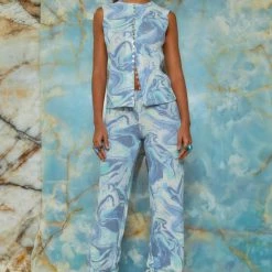 Jaded London Blue Marble Print Ruched Hem Printed Knit Joggers