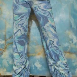 Jaded London Blue Marble Print Ruched Hem Printed Knit Joggers