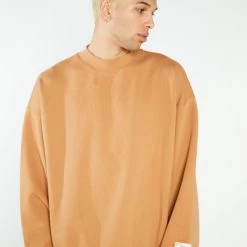 Jaded Man Hoodies & Sweatshirts Tan Oversized Mock Neck Sweatshirt