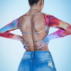 Jaded London Y2K Lips Print Backless Long Sleeve Top