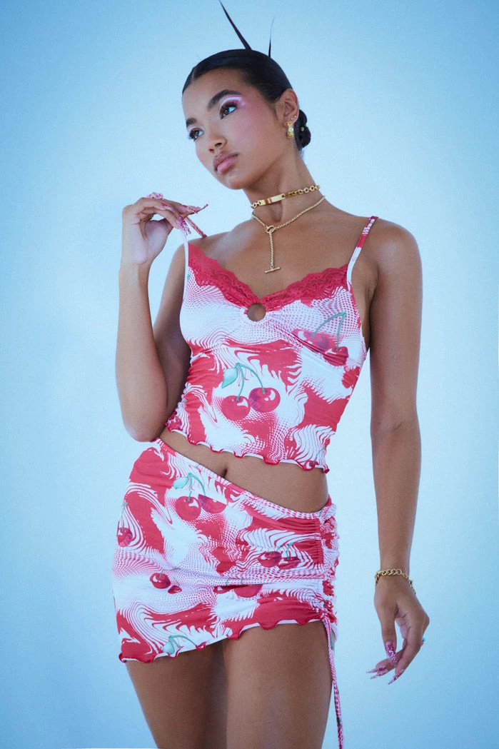 Jaded London Cherry Swirl Print Double Layer Ruched Side Mini Skirt 1 Jaded London Cherry Swirl Print Double Layer Ruched Side Mini Skirt