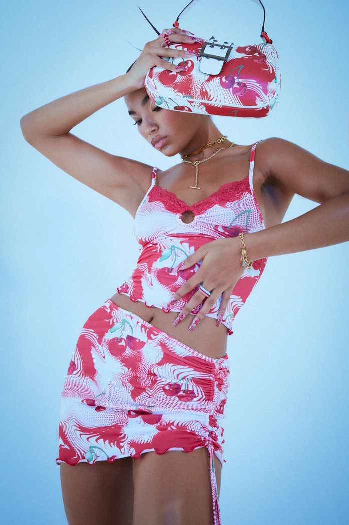 Jaded London Cherry Swirl Print Double Layer Ruched Side Mini Skirt 3 Jaded London Cherry Swirl Print Double Layer Ruched Side Mini Skirt